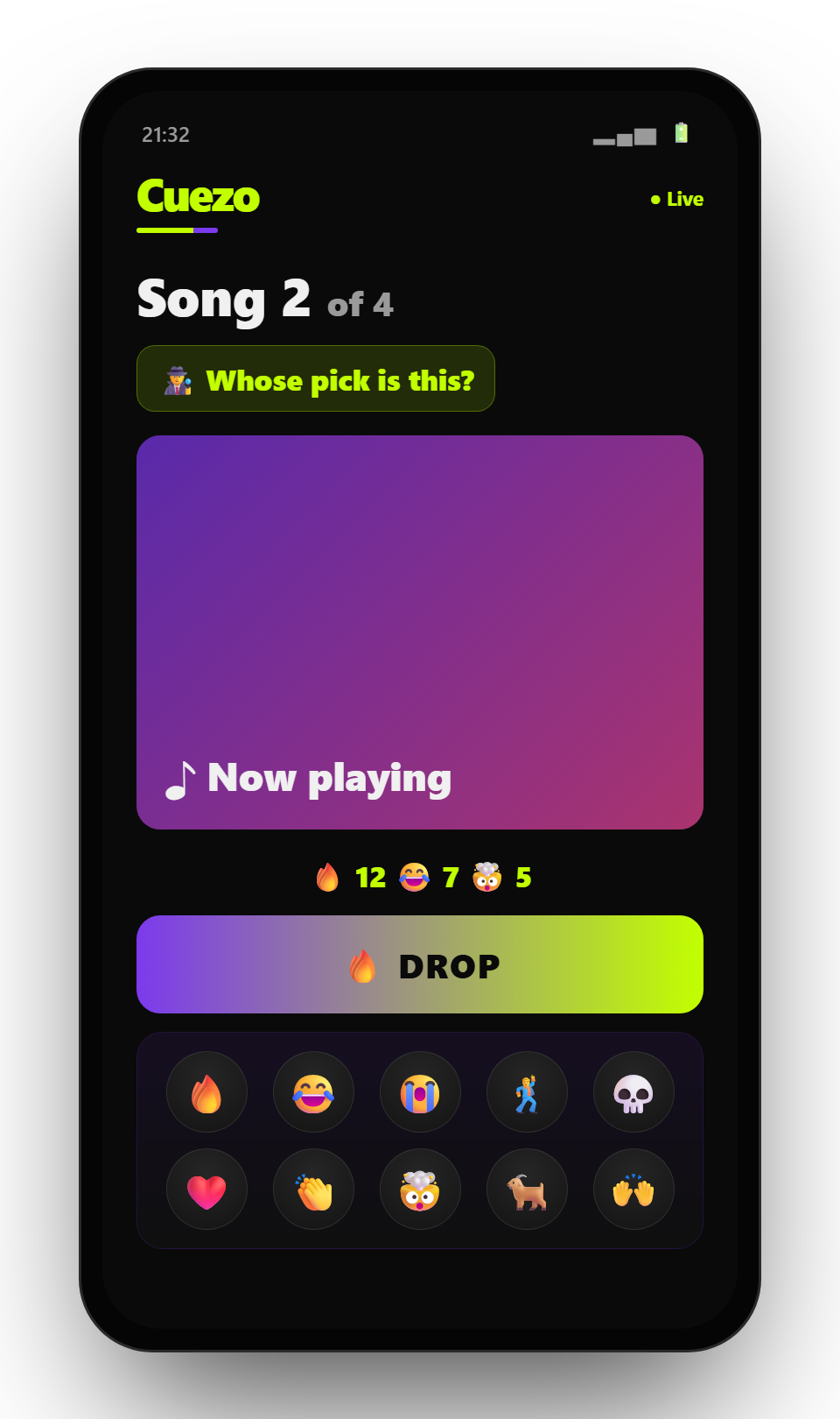 Cuezo app — songs playing for the room with live reactions