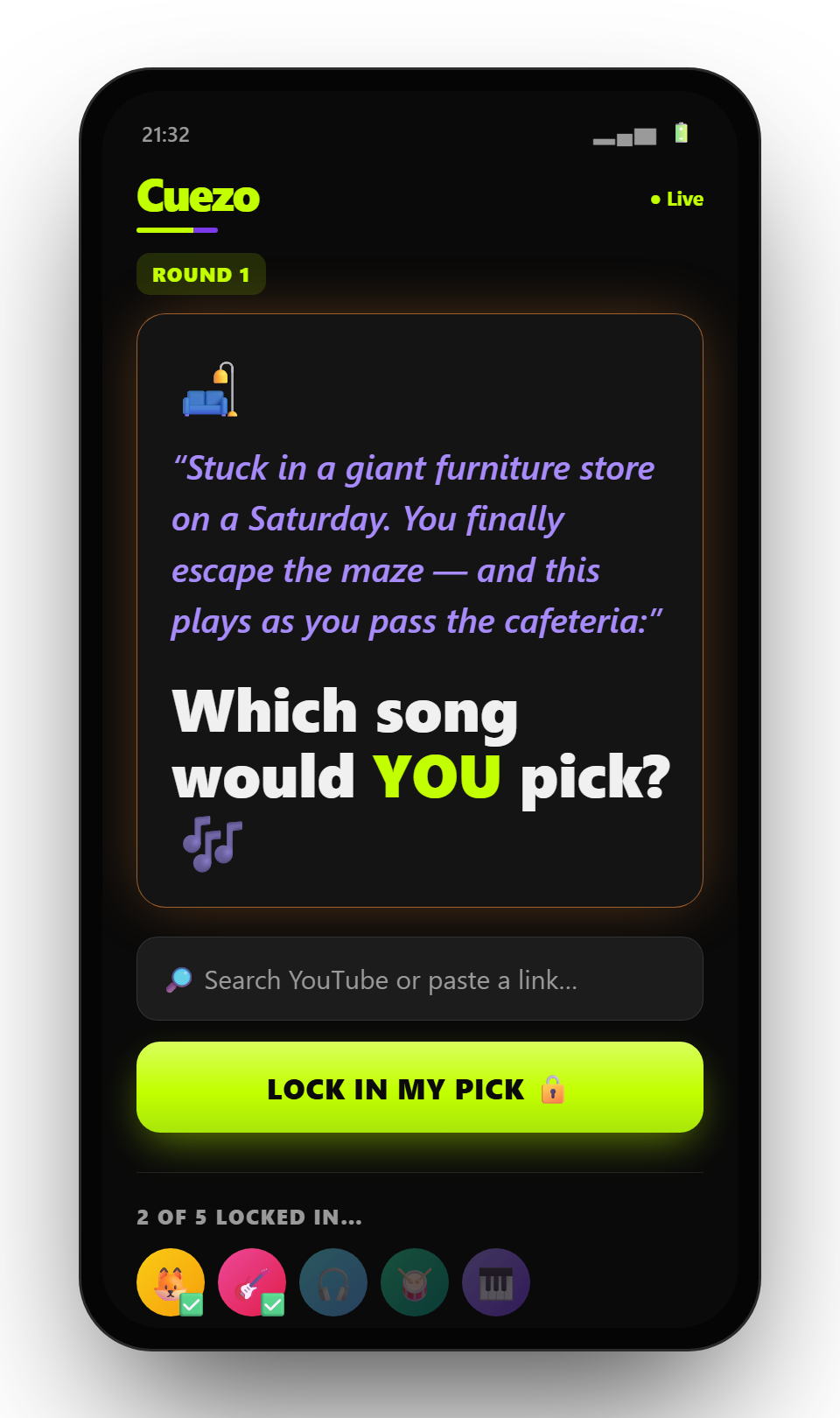 Cuezo app — a wildly specific scenario and the song-picking screen