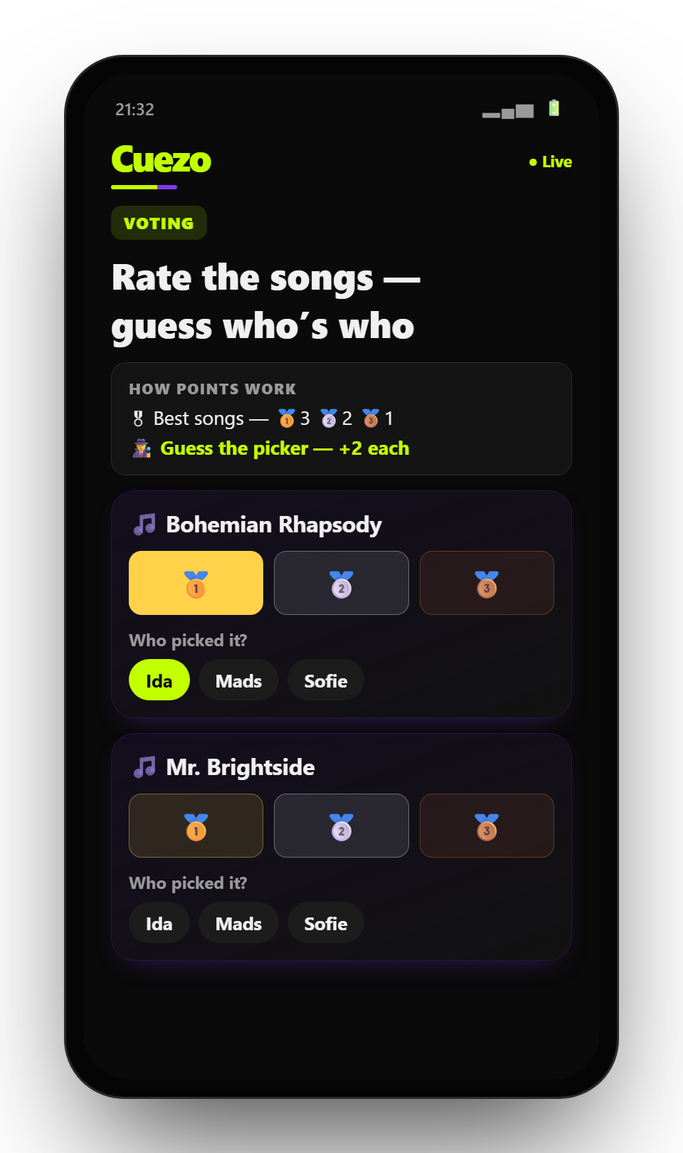 Cuezo app — vote for the best pick and guess who chose each song